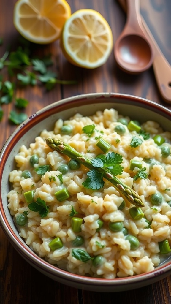 Creamy asparagus and lemon risotto in a rustic bowl garnished with parsley and lemon. Served on a wooden table.